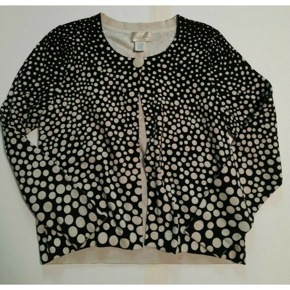 Studio Works Petite womens black ivory dot cotton cardigan sweater size PM